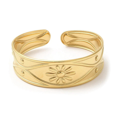 BeadsBalzar Beads & Crafts 304 Stainless Steel Cuff Bangles, Flower Open Bangles for Women, Real 18K Gold Plated