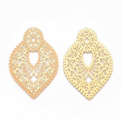 BeadsBalzar Beads & Crafts 304 Stainless Steel Filigree Joiners, Teardrop, Golden, 67x44x0.5mm