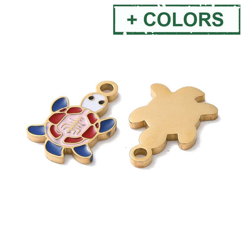 BeadsBalzar Beads & Crafts 304 Stainless Steel Pendants, with Enamel, Turtle Charm, 11x17mm