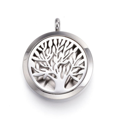 BeadsBalzar Beads & Crafts 316 Surgical Stainless Steel Diffuser Locket Pendants, with Perfume Pad and Magnetic Clasps, Flat Round with Tree of Life 30mm