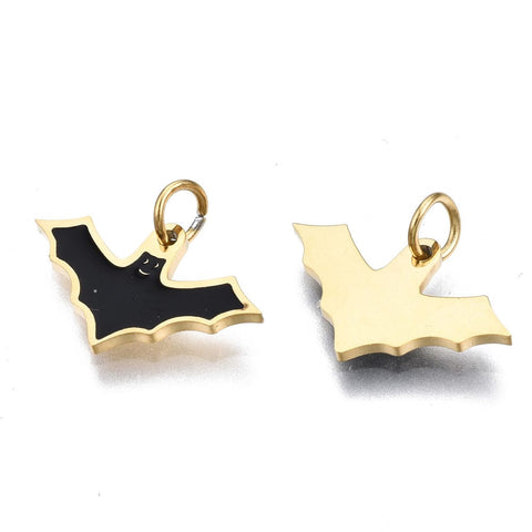 BeadsBalzar Beads & Crafts 316 Surgical Stainless Steel Enamel Charms, for Halloween, Bat, Real 14K Gold Plated, 9x14.5x1mm