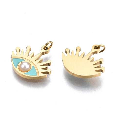 BeadsBalzar Beads & Crafts 316 Surgical Stainless Steel Enamel Charms, Real 14K Gold Plated, Eye, Pale Turquoise 11x14mm