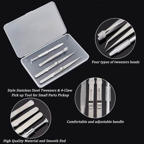 BeadsBalzar Beads & Crafts 4 Pcs 4 Style Stainless Steel Tweezers & 4-Claw Pick up Tool for Small Parts Pickup