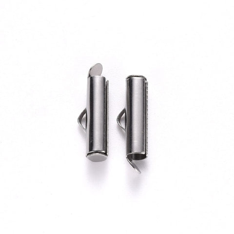 BeadsBalzar Beads & Crafts 6x16x4mm 304 Stainless Steel Slide On End Clasp Tubes, Slider End Caps, Stainless Steel Color