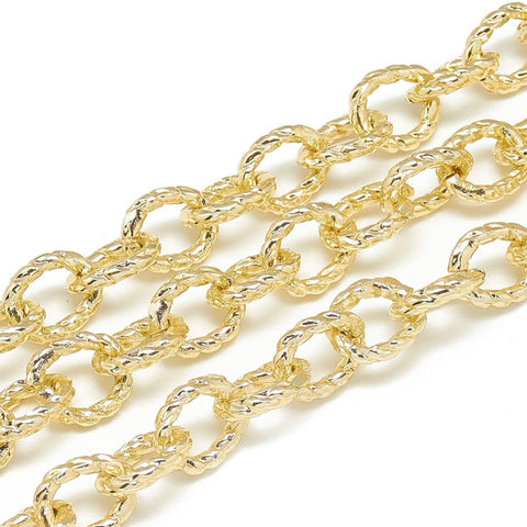 BeadsBalzar Beads & Crafts Aluminum Cable Chains, Textured, Unwelded, Oval, Light Gold, 12x10x2.5mm