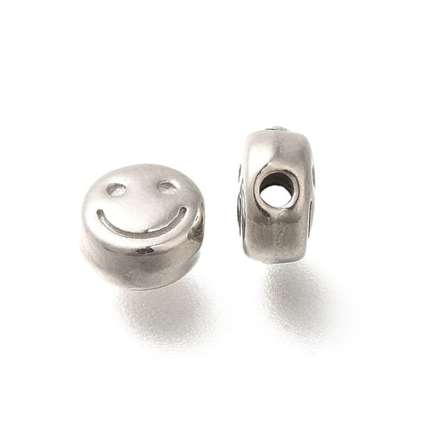 BeadsBalzar Beads & Crafts Anti-Tarnish 304 Stainless Steel Beads, Flat Round with Smiling Face, 5.5x3.5mm