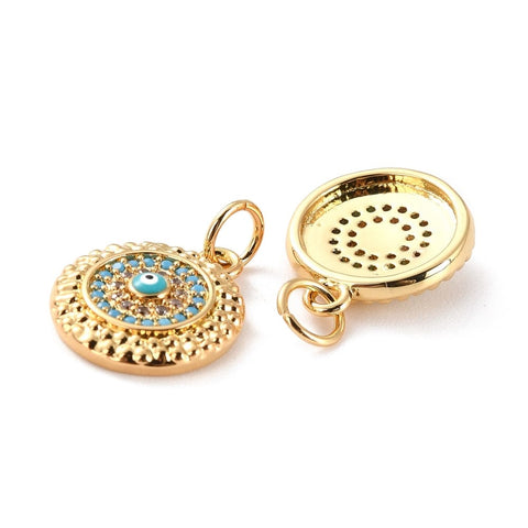 BeadsBalzar Beads & Crafts Brass Micro Pave Cubic Zirconia Pendants, with Enamel, Long-Lasting Plated, Flat Round with Evil Eye, Real 18K Gold Plated, 15x12.5x3.5mm, Hole: 3.6mm