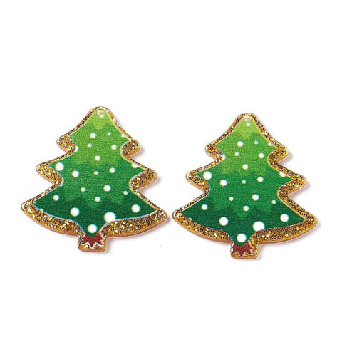 BeadsBalzar Beads & Crafts Christmas Printed Acrylic Pendants, with Glitter Powder, Tree, Green, 38.5x36.5mm