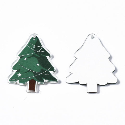 BeadsBalzar Beads & Crafts Christmas Tree 35x27x2.5mm Hole 1.6mm Transparent Printed Acrylic Pendants, Christmas, Styles to choose from