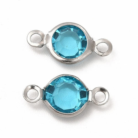 BeadsBalzar Beads & Crafts CYAN 304 Stainless Steel with Glass Connector Charms, Flat Round Links, Clear, 12.5x7x2mm