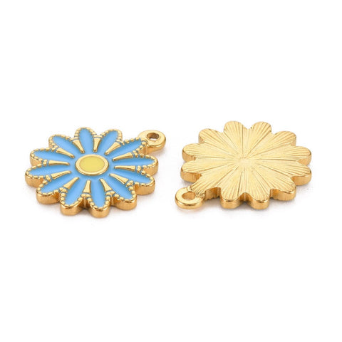 BeadsBalzar Beads & Crafts DODGER BLUE (SF8755-B) (SF8855-X) 304 Stainless Steel Enamel Pendants, Ion Plating(IP), Golden, Flower, 18x15.5x2mm (2 PCS)