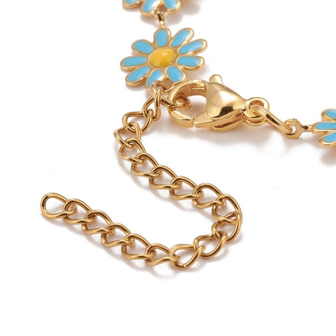 BeadsBalzar Beads & Crafts Enamel Daisy Link Chain Necklace, PVD Vacuum Plating 304 Stainless Steel Jewelry for Women, Golden