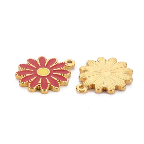 BeadsBalzar Beads & Crafts FIREBRICK (SF8755-C) (SF8855-X) 304 Stainless Steel Enamel Pendants, Ion Plating(IP), Golden, Flower, 18x15.5x2mm (2 PCS)