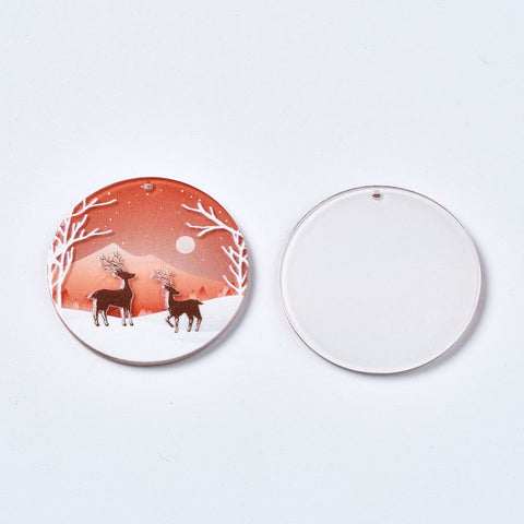 BeadsBalzar Beads & Crafts Flat Round Reindeer 37x2.5 Hole 1.4mm Transparent Printed Acrylic Pendants, Christmas, Styles to choose from