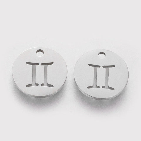 BeadsBalzar Beads & Crafts Gemini 304 Stainless Steel Charms, Flat Round with Constellation/Zodiac Sign, 12mm