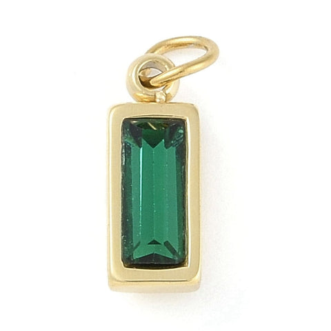 BeadsBalzar Beads & Crafts Glass Pendants, Ion Plating 304 Stainless Steel Findings, Manual Polishing, Rectangle Charms, Real 18K Gold Plated, Green, 11x4x3.5mm