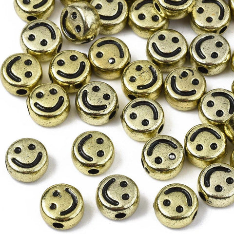 BeadsBalzar Beads & Crafts GOLDEN Acrylic Beads, Flat Round with Black Smiling Face, 7x4mm