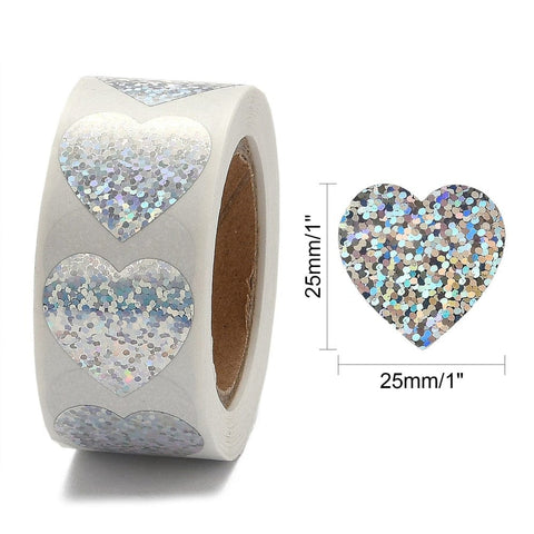 BeadsBalzar Beads & Crafts Heart Shaped Laser Stickers Roll, Valentine's Day Sticker Adhesive Label, Silver, 25x25mm