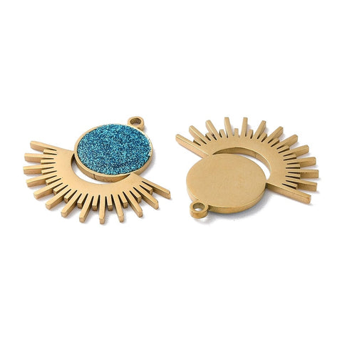 BeadsBalzar Beads & Crafts ION GOLD PLATED / BLUE Ion Plating(IP) 304 Stainless Steel Pendants, with Enamel and Glitter Powder, Sun Charm, Golden, 25mm