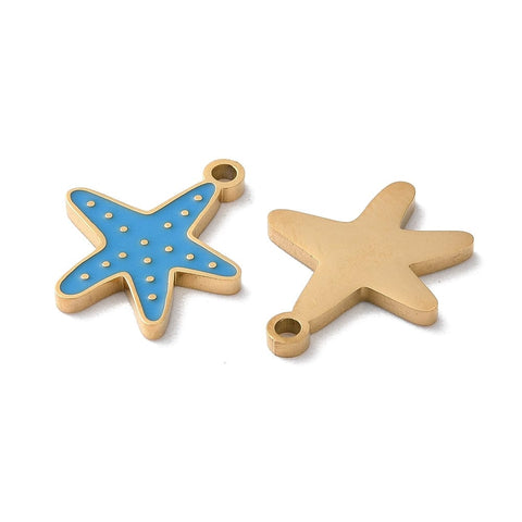 BeadsBalzar Beads & Crafts ION GOLD PLATED / BLUE Ion Plating(IP) 304 Stainless Steel Pendants, with Enamel, Starfish Charm, Golden  13x16mm