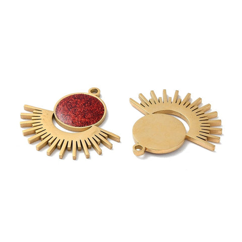 BeadsBalzar Beads & Crafts ION GOLD PLATED / RED Ion Plating(IP) 304 Stainless Steel Pendants, with Enamel and Glitter Powder, Sun Charm, Golden, 25mm