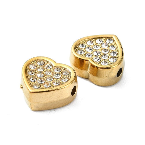 BeadsBalzar Beads & Crafts Ion Plated 304 Stainless Steel Beads, with Rhinestone, Heart, Real 18K Gold Plated 13.5mm