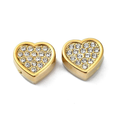 BeadsBalzar Beads & Crafts Ion Plated 304 Stainless Steel Beads, with Rhinestone, Heart, Real 18K Gold Plated 13.5mm