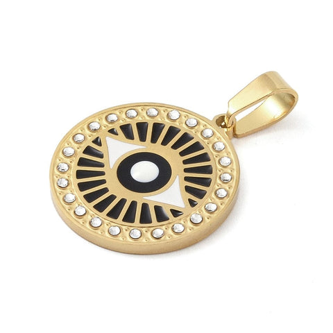 BeadsBalzar Beads & Crafts Ion Plating 304 Stainless Steel Enamel Rhinestone Pendant, Eye, Real 18K Gold Plated 23.5mm