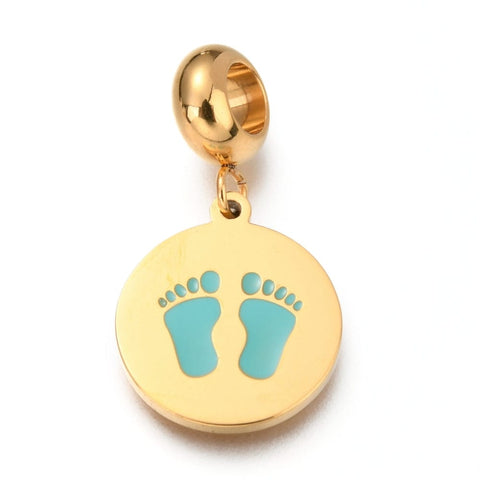 BeadsBalzar Beads & Crafts Ion Plating 304 Stainless Steel European Dangle Charm, Flat Round with Baby Feet, Golden,  25mm