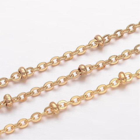 BeadsBalzar Beads & Crafts Ion Plating(IP) 304 Stainless Steel Cable Chains, Soldered, Satellite Chains, with Rondelle Beads, Golden 2.5x2mm wide, rondelle beads: 3x1.5mm