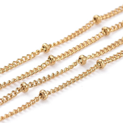 BeadsBalzar Beads & Crafts Ion Plating(IP) 304 Stainless Steel Curb Chains, Satellite Chains, Soldered, Twisted Chains, Rondelle Beads, Golden  Size: about 1.2mm wide, bead: 2mm