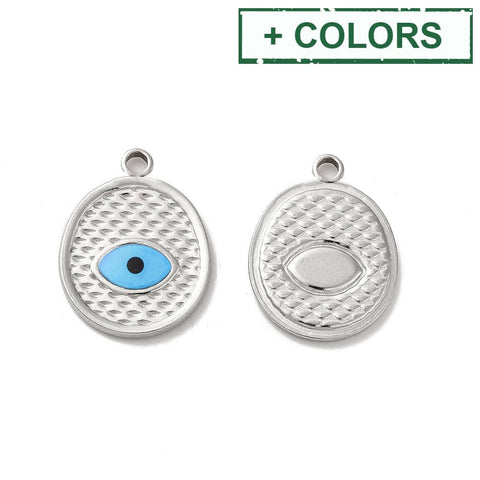 BeadsBalzar Beads & Crafts Ion Plating(IP) 304 Stainless Steel Enamel Pendants, Flat Round with Evil Eye Charm,20x15x2mm