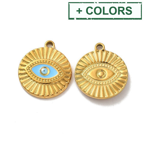 BeadsBalzar Beads & Crafts Ion Plating(IP) 304 Stainless Steel Enamel Pendants, Flat Round with Evil Eye Charm,21x18.5mm