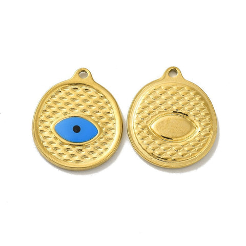 BeadsBalzar Beads & Crafts Ion Plating(IP) 304 Stainless Steel Enamel Pendants, Flat Round with Evil Eye Charm, Golden, 20x15x2mm