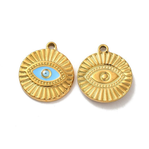 BeadsBalzar Beads & Crafts Ion Plating(IP) 304 Stainless Steel Enamel Pendants, Flat Round with Evil Eye Charm, Golden 21x18.5mm