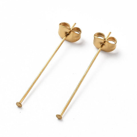 BeadsBalzar Beads & Crafts Ion Plating(IP) 304 Stainless Steel Flat Head Pins with Ear Nuts, Golden, 40x0.6mm, Head: 1.4mm