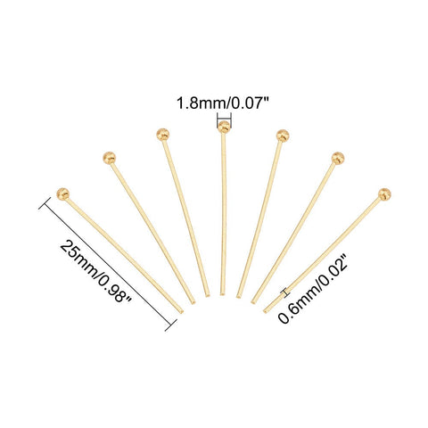 BeadsBalzar Beads & Crafts Ion Plating(IP) 304 Stainless Steel Head Pins, Ball Head Pins, Golden, 25x0.6mm, Head: 1.8mm