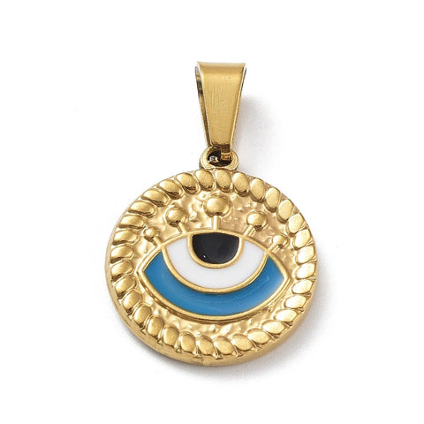 BeadsBalzar Beads & Crafts Ion Plating(IP) 304 Stainless Steel Pendants, with Enamel, Golden, Flat Round with Evil Eye Charm, 18.x16.5mm