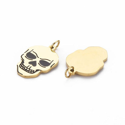 BeadsBalzar Beads & Crafts Ion Plating(IP) 316 Surgical Stainless Steel Enamel Charms, Skull, Real 14K Gold Plated, 14.5x10x1mm