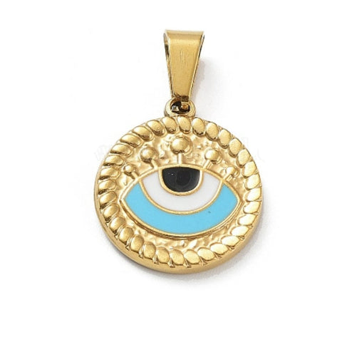 BeadsBalzar Beads & Crafts LIGHT BLUE Ion Plating 304 Stainless Steel Pendants, with Enamel, Golden, Flat Round with Evil Eye Charm, 18.x16.5mm