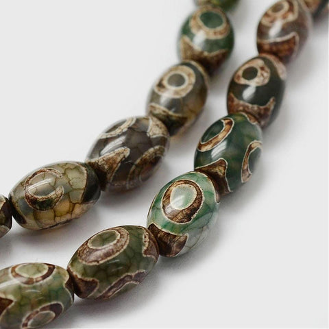 BeadsBalzar Beads & Crafts Olive Green Tibetan Style dZi Beads Strands, Natural Agate Beads