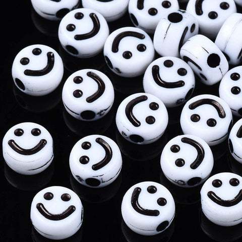 BeadsBalzar Beads & Crafts Opaque Acrylic Beads, Flat Round with Smiling Face, White 7x4mm