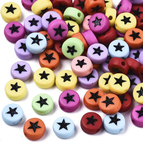 BeadsBalzar Beads & Crafts Opaque Acrylic Beads, Flat Round with Star, Mixed Color 7x4mm