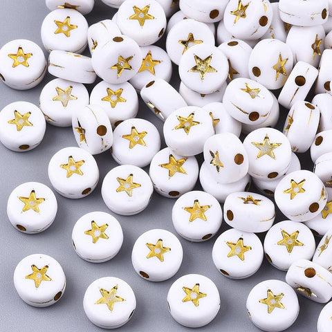 BeadsBalzar Beads & Crafts Opaque Acrylic, Flat Round with Star, White, Golden Plated 7x4mm