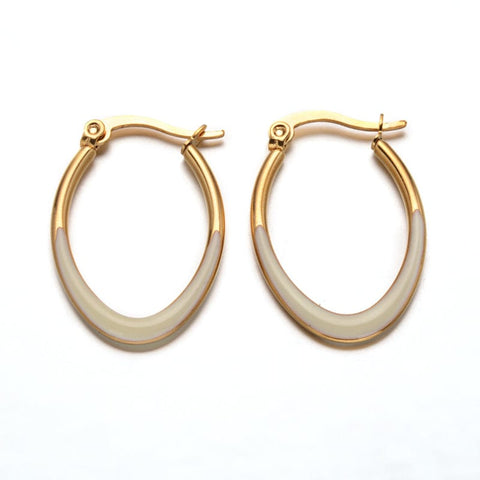 BeadsBalzar Beads & Crafts Oval 304 Stainless Steel Enamel Hoop Earrings, Golden Size: about 20x30mm