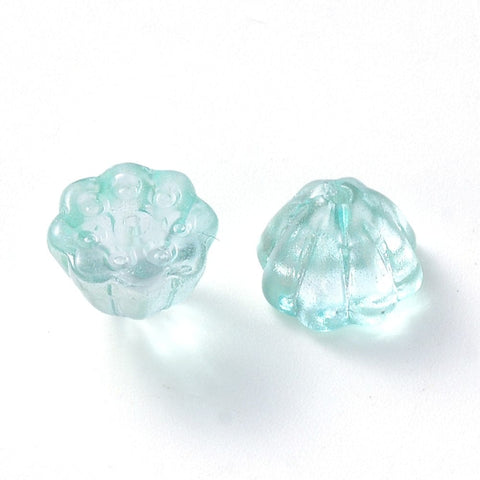 BeadsBalzar Beads & Crafts PALE TURQUOISE Transparent Spray Painted Glass Bead Caps, with Glitter Powder, Lotus Pod, 11x10.5mm