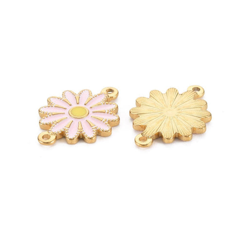 BeadsBalzar Beads & Crafts PINK / GOLD (SF8787D) (SF8787-X) 304 Stainless Steel Enamel Links, Ion Plating(IP), Golden, Flower 21mm (2 PCS)