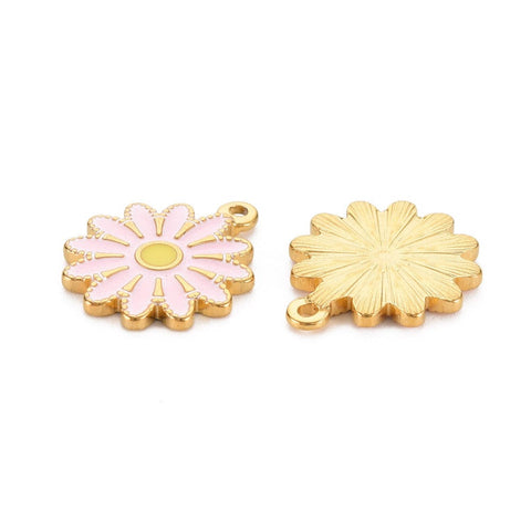 BeadsBalzar Beads & Crafts PINK (SF8755-E) (SF8855-X) 304 Stainless Steel Enamel Pendants, Ion Plating(IP), Golden, Flower, 18x15.5x2mm (2 PCS)