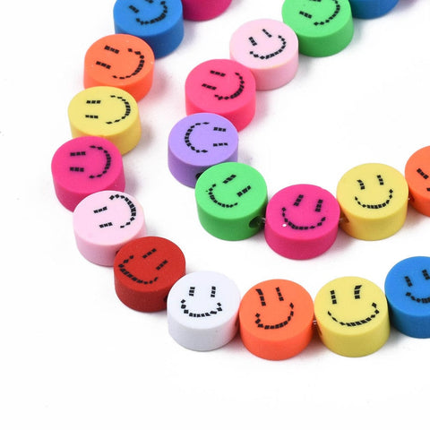 BeadsBalzar Beads & Crafts Polymer Clay Beads, Flat Round with Smiling Face, Mixed 9~9.5mm