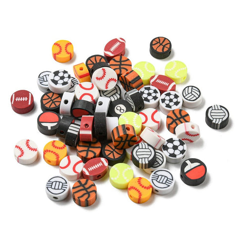 BeadsBalzar Beads & Crafts Polymer Clay Beads, Football/Basketball/Rugby/Volleyball/Baseball, Mixed Color 9.5mm